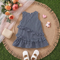 Girls Navy Blue Checked Sleeveless A-line Dress Casual Dresses