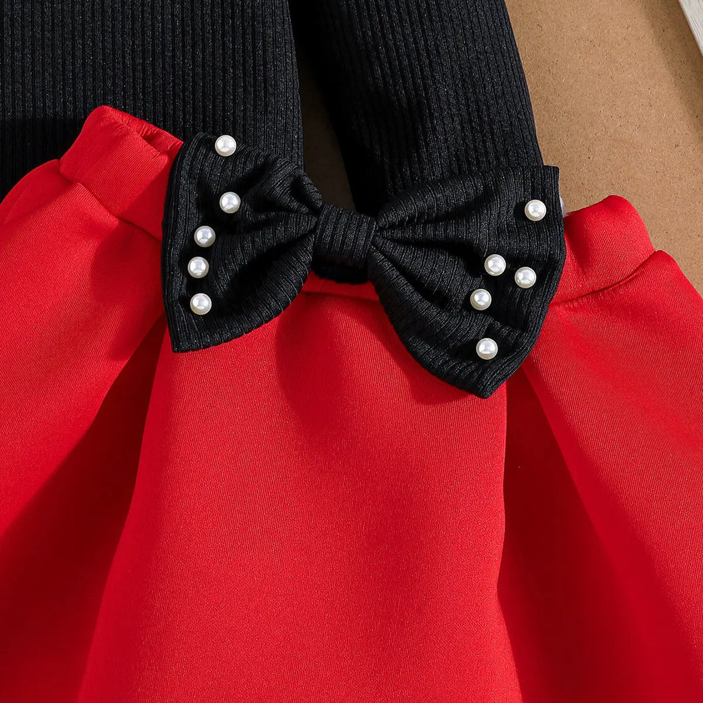 Girls Black Beaded Puff Sleeves Top With Bow Pleated Skirt Sets Sets