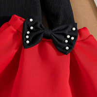 Girls Black Beaded Puff Sleeves Top With Bow Pleated Skirt Sets Sets