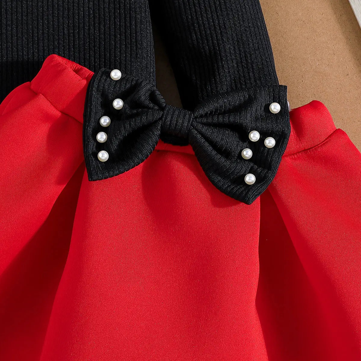 Girls Black Beaded Puff Sleeves Top With Bow Pleated Skirt Sets Sets