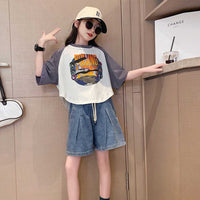 Girls Graphic Print T-Shirt With Denim Shorts Set Sets   