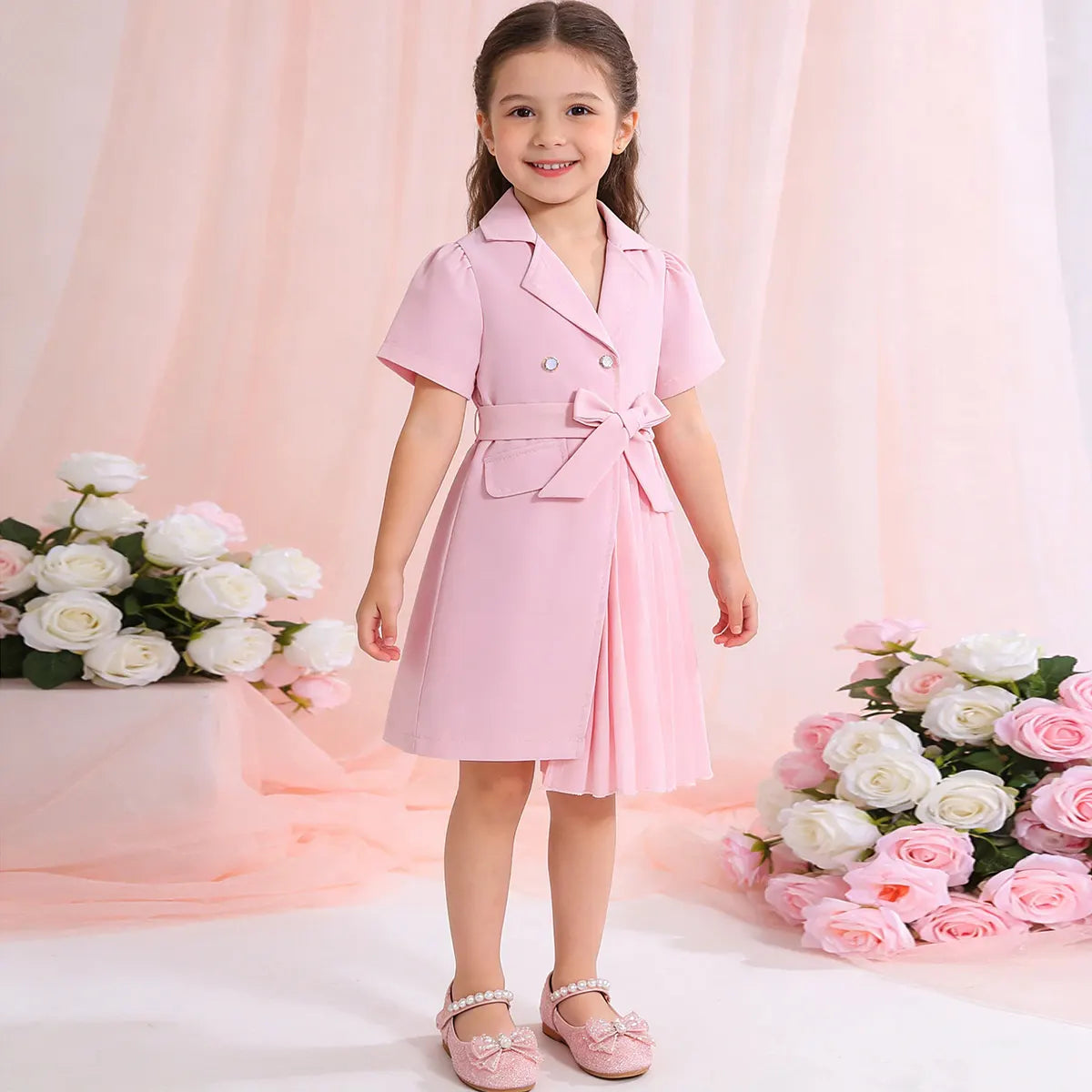 Girls Pink Double-breasted Blazer Dress Casual Dresses