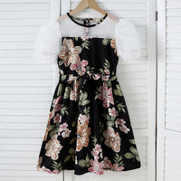 Girls Black Floral Printed Net Puff Sleeves Dress Casual Dresses Black 7-8 Y