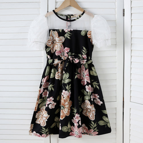 Girls Black Floral Printed Net Puff Sleeves Dress Casual Dresses Black 7-8 Y