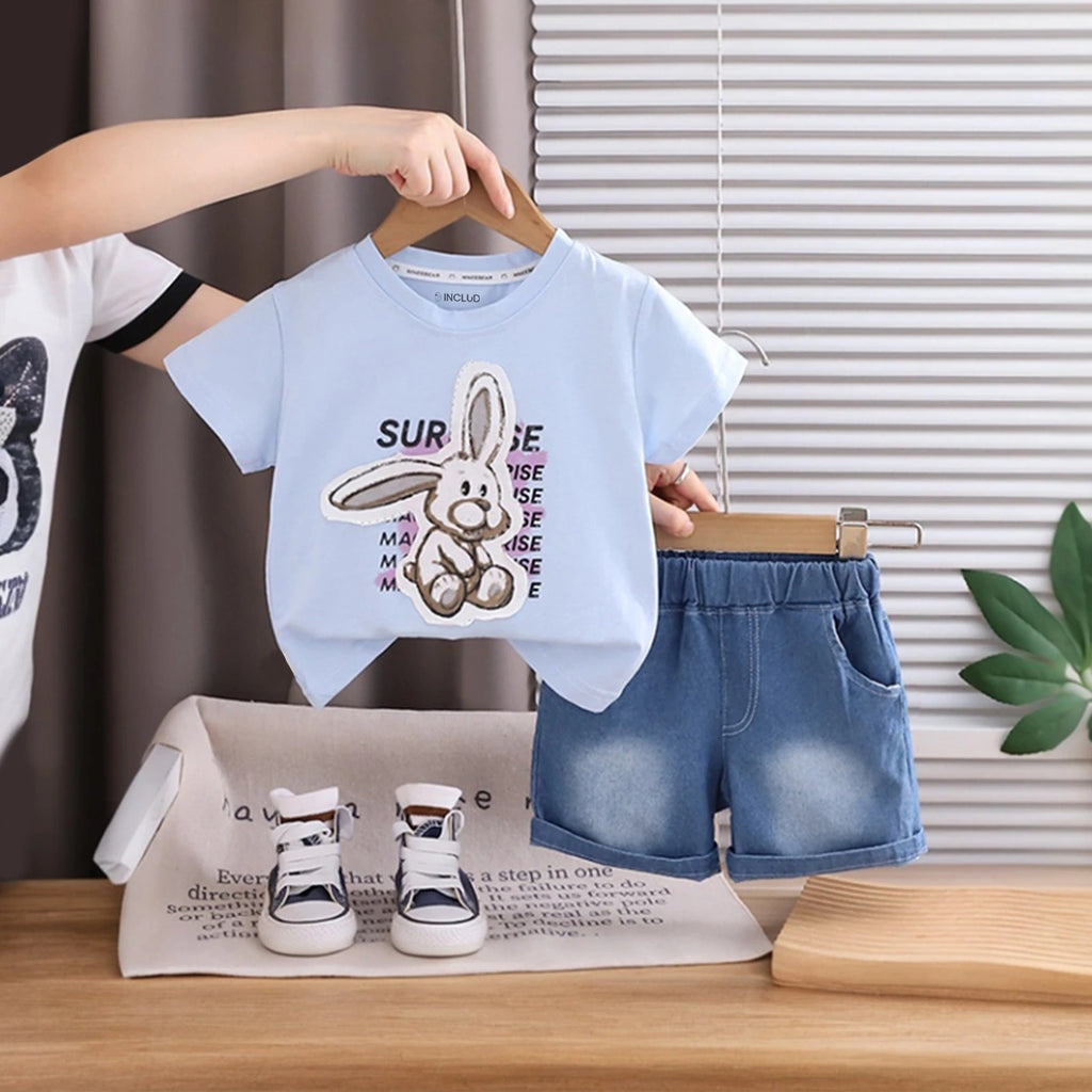 Boys Sky Blue Bunny Print Short Sleeve T-Shirt With Elasticated Denim Shorts Sets 2 pc. Sets Sky Blue 1-2 Y