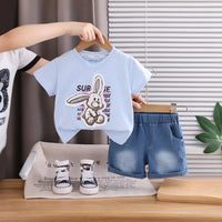 Boys Sky Blue Bunny Print Short Sleeve T-Shirt With Elasticated Denim Shorts Sets 2 pc. Sets Sky Blue 1-2 Y