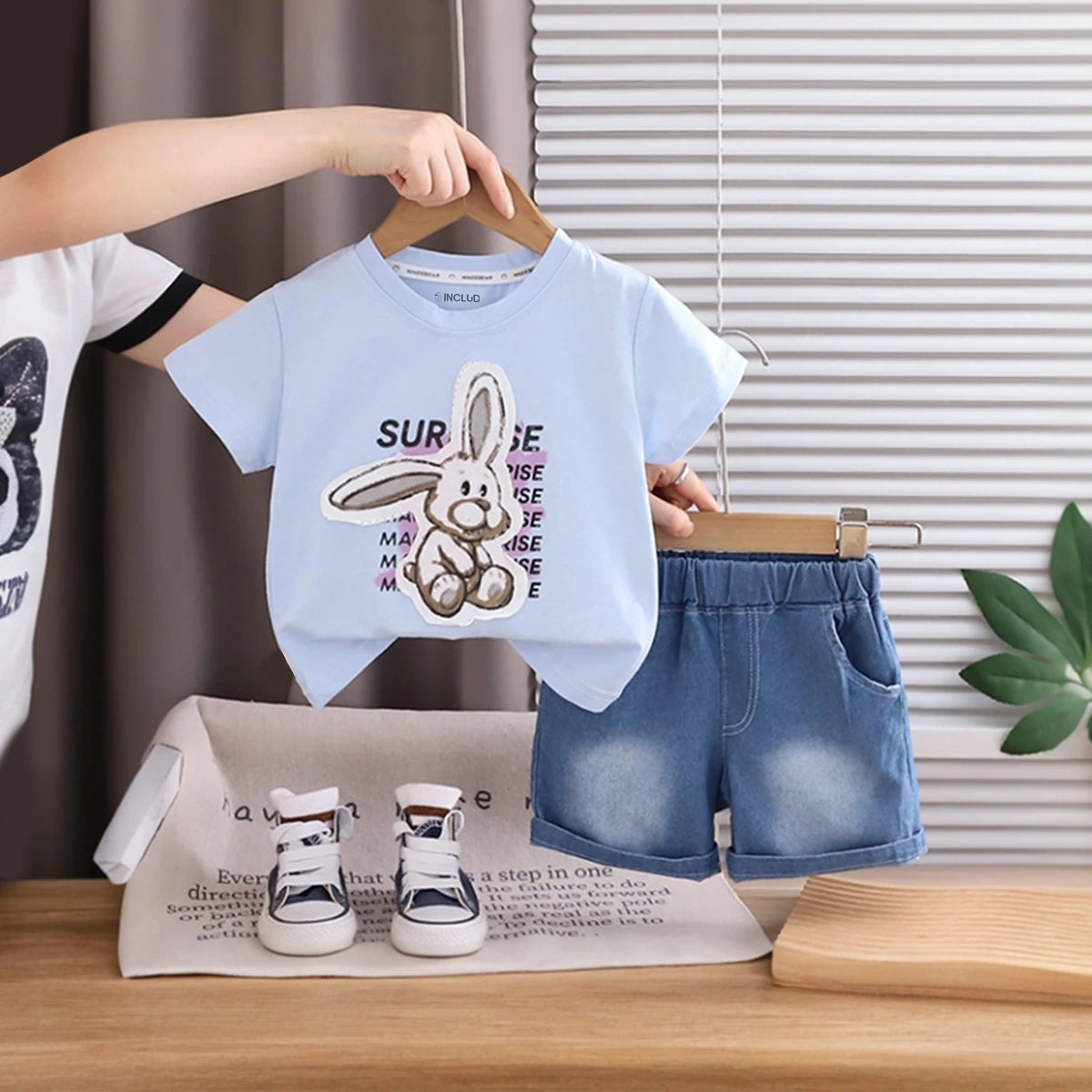 Boys Sky Blue Bunny Print Short Sleeve T-Shirt With Elasticated Denim Shorts Sets 2 pc. Sets Sky Blue 1-2 Y