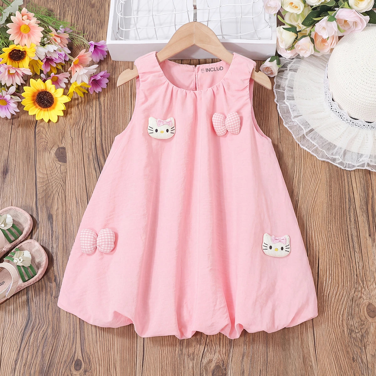 Girls Light Pink Kitty Applique Sleeveless Balloon Dress Casual Dresses Light Pink 1-2 Y