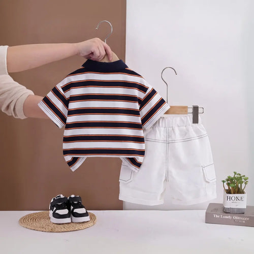 Boys Navy Blue Striped Polo T-shirt With Elasticated Shorts Sets 2 pc. Sets