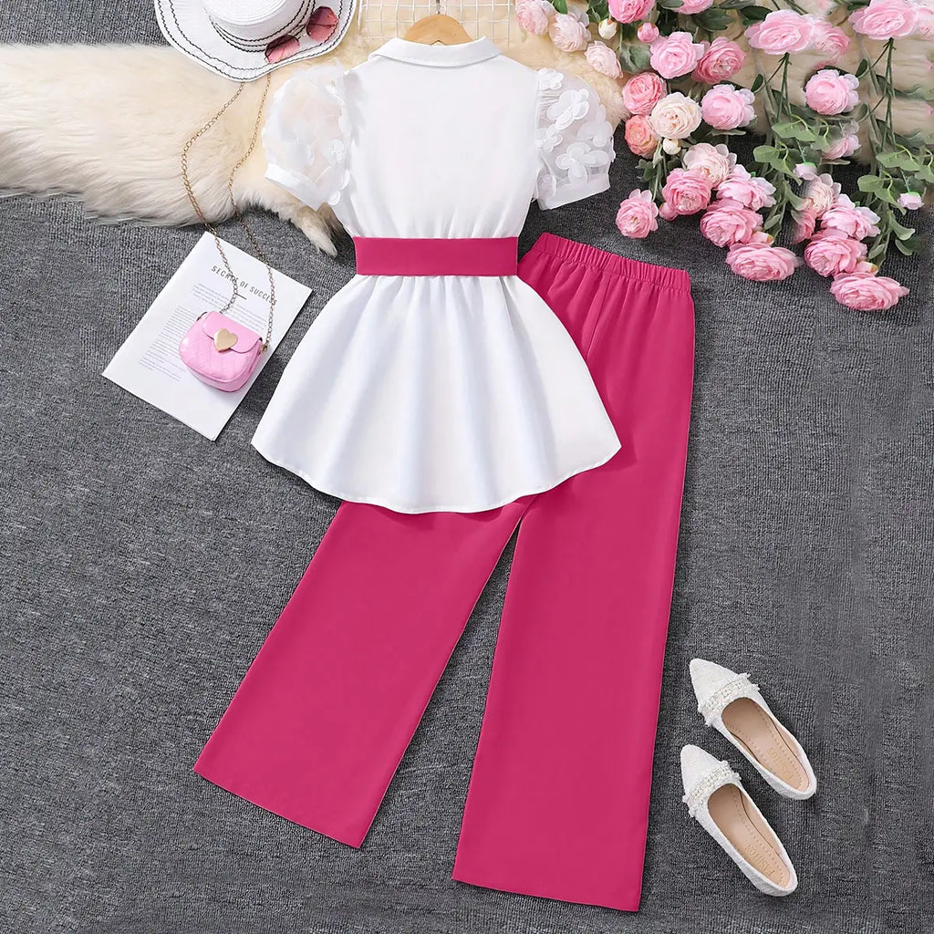 Girls White Floral Applique Puff Sleeves Peplum Top With Pants Set Sets