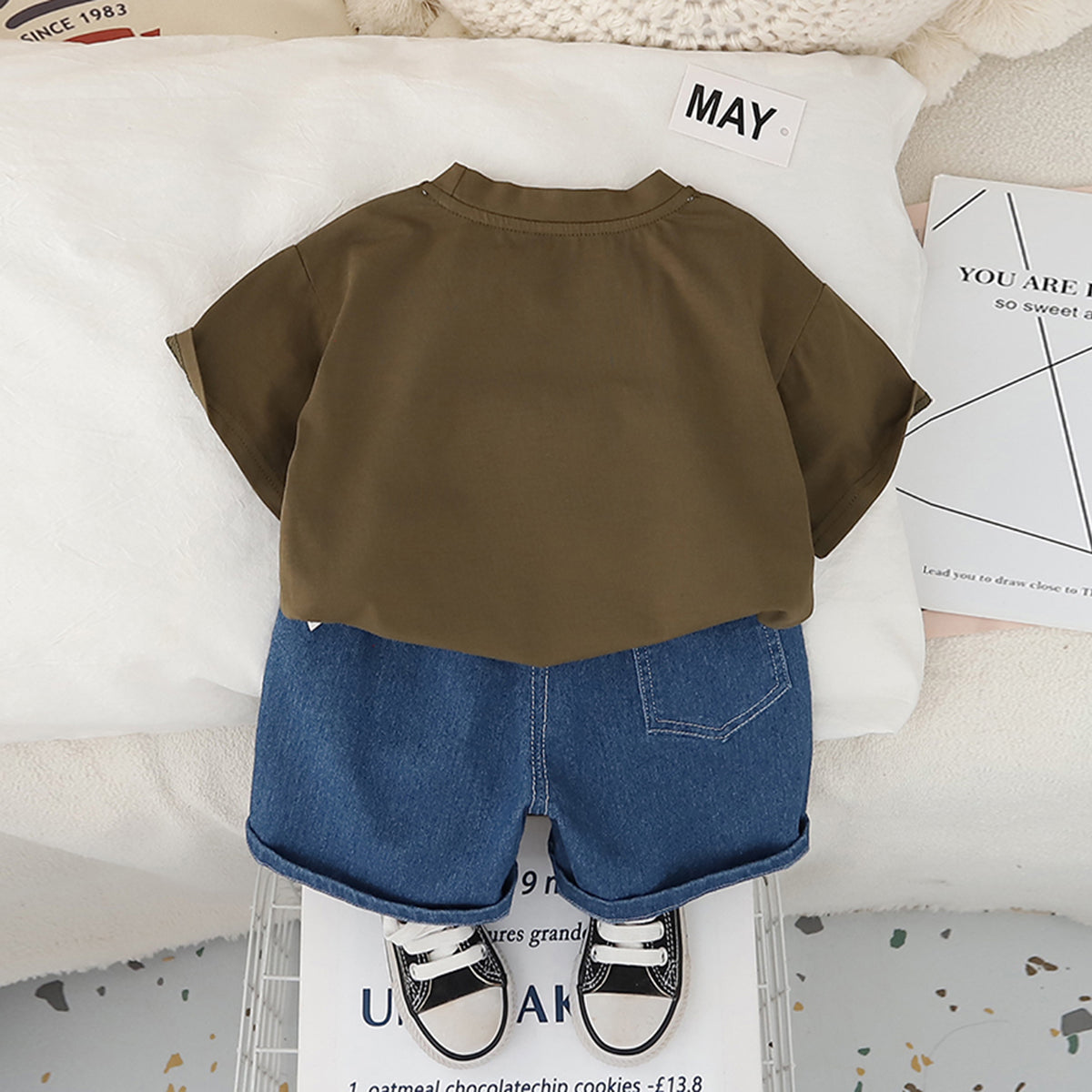 Boys Brown Excavator Printed T-Shirt With Denim Shorts Set 2 pc. Sets