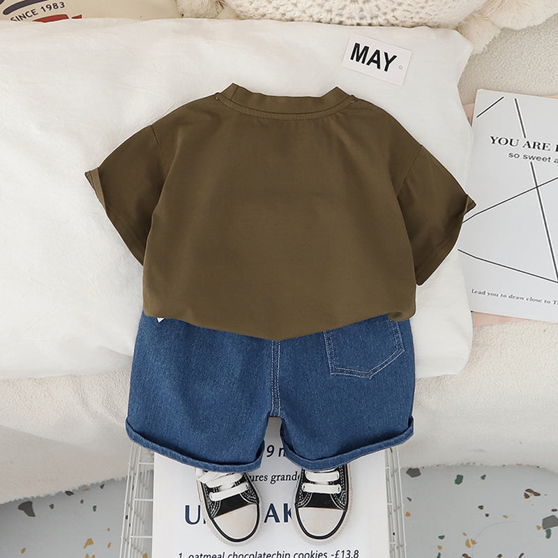 Boys Brown Excavator Printed T-Shirt With Denim Shorts Set 2 pc. Sets