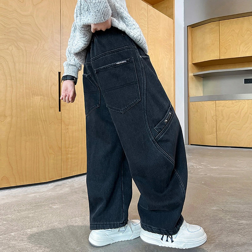 Boys Black Loose Fit Elasticated Denim Jeans Pants