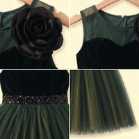 Girls Dark Green 3D Floral Detail Sleeveless Party Gown Party Dresses