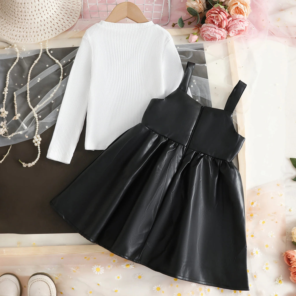 Girls Black Faux Leather Pinafore Dress With Long Sleeves T-Shirt Casual Dresses