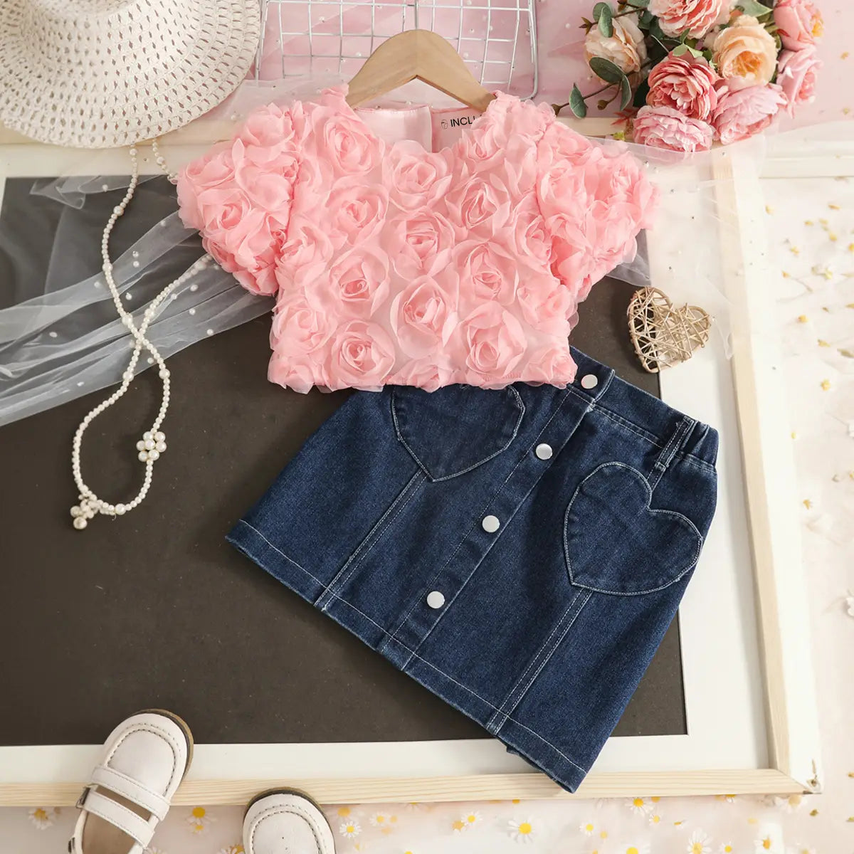 Girls Pink 3D Rose Flower Applique Top With Denim Skirt Sets Sets Pink 2-3 Y