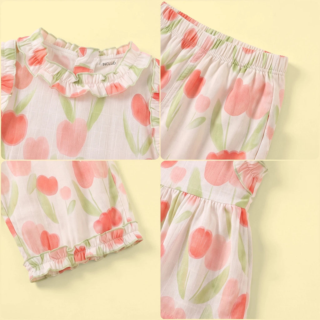 Girls Off White Floral Print Sleeveless Top With Pants Sets 2 pc. Sets