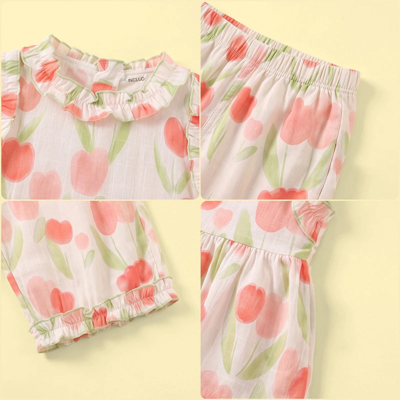 Girls Off White Floral Print Sleeveless Top With Pants Sets 2 pc. Sets