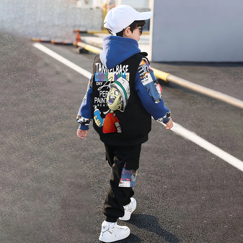 Boys Blue Graphics Printed hoodie With Sleeveless Jacket & Jogger Sets Sets