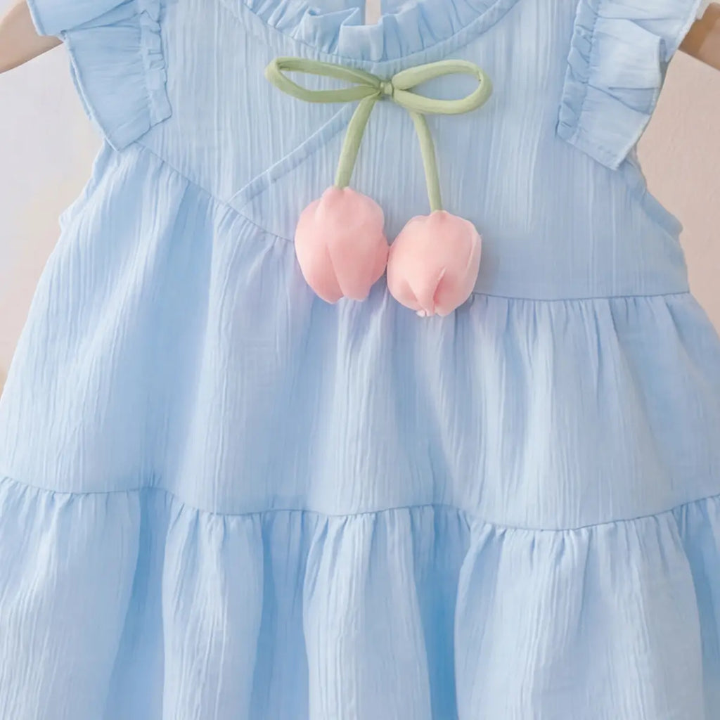 Girls Sky Blue Sleeveless Bow Accent Tiered Dress Casual Dresses