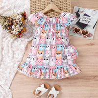 Girls Multicolor Cat Print Cap Sleeve Flared Dress With Bag Casual Dresses Multicolor 3-4 Y