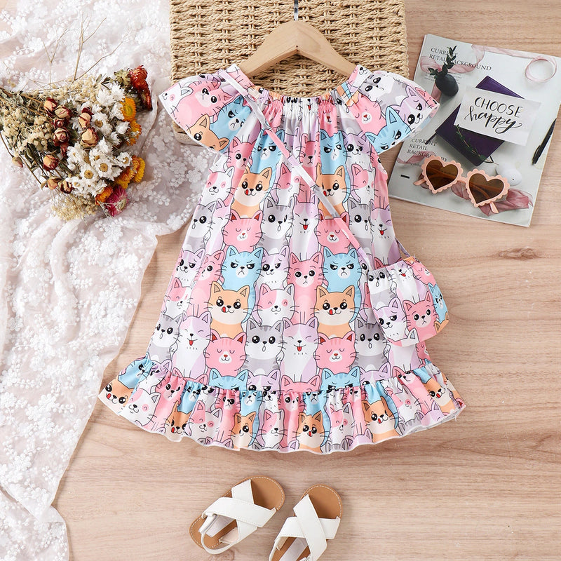 Girls Multicolor Cat Print Cap Sleeve Flared Dress With Bag Casual Dresses Multicolor 3-4 Y