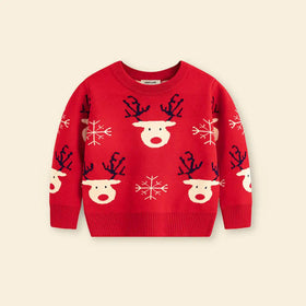 Boys Red Sweater With Self-Design Reindeer Face Patterns Sweaters & Cardigans