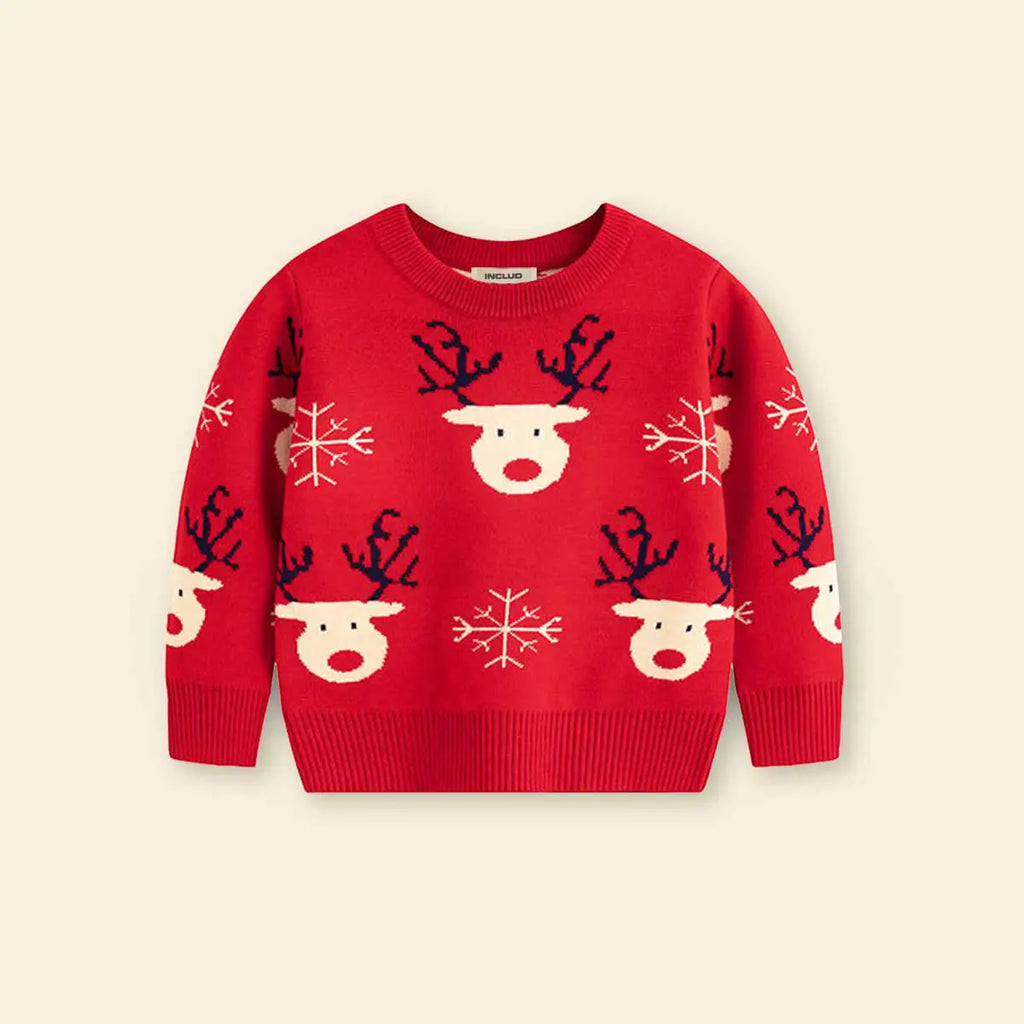 Boys Red Sweater With Self-Design Reindeer Face Patterns Sweaters & Cardigans