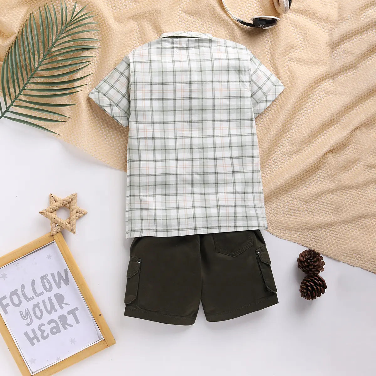 Boys Olive Checked Shirt With Printed T-Shirt And Twill Shorts Sets 3 pc. Sets