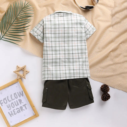 Boys Olive Checked Shirt With Printed T-Shirt And Twill Shorts Sets 3 pc. Sets