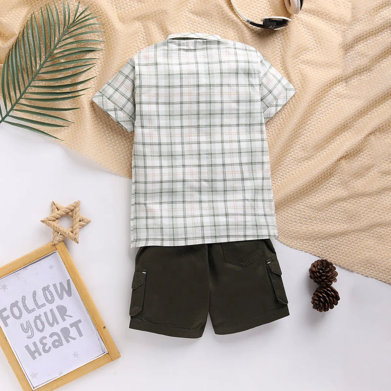 Boys Olive Checked Shirt With Printed T-Shirt And Twill Shorts Sets 3 pc. Sets