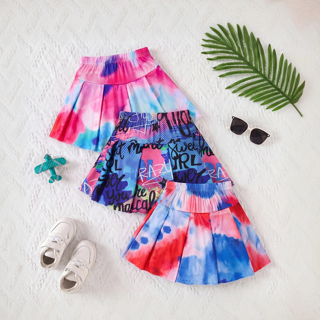 Girls Multicolor Tie & Die Print Flared Skorts Pack Of 3 Skirts