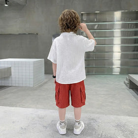 Boys White Panda Embroidered Polo T-Shirt With Shorts Sets Sets