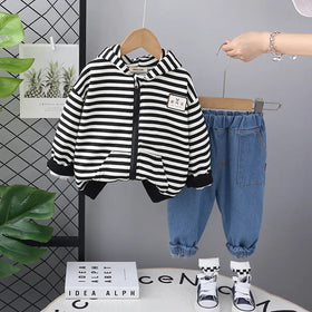 Boys Black Stripes Hooded Zipper Jacket With Denim Jogger Sets Sets Black 1-2 Y
