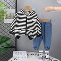 Boys Black Stripes Hooded Zipper Jacket With Denim Jogger Sets Sets Black 1-2 Y