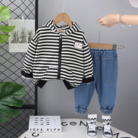 Boys Black Stripes Hooded Zipper Jacket With Denim Jogger Sets Sets Black 1-2 Y