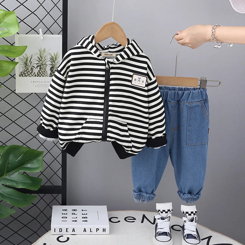 Boys Black Stripes Hooded Zipper Jacket With Denim Jogger Sets Sets Black 1-2 Y
