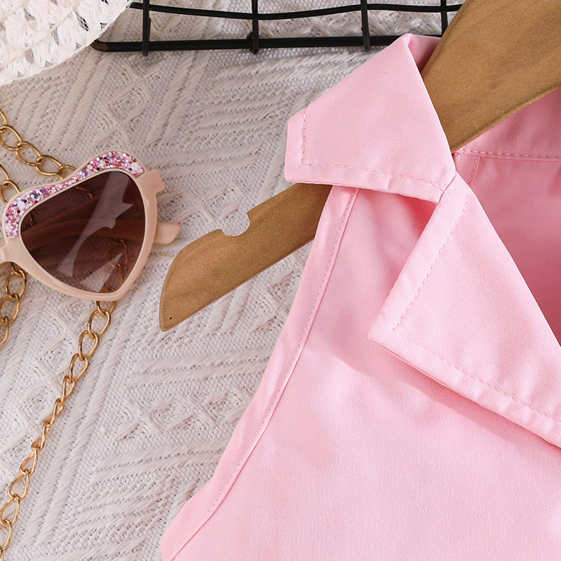 Girls Pink Waistcoat with Spaghetti Top & Tiered Ruffle Shorts Set 3 pc. Sets