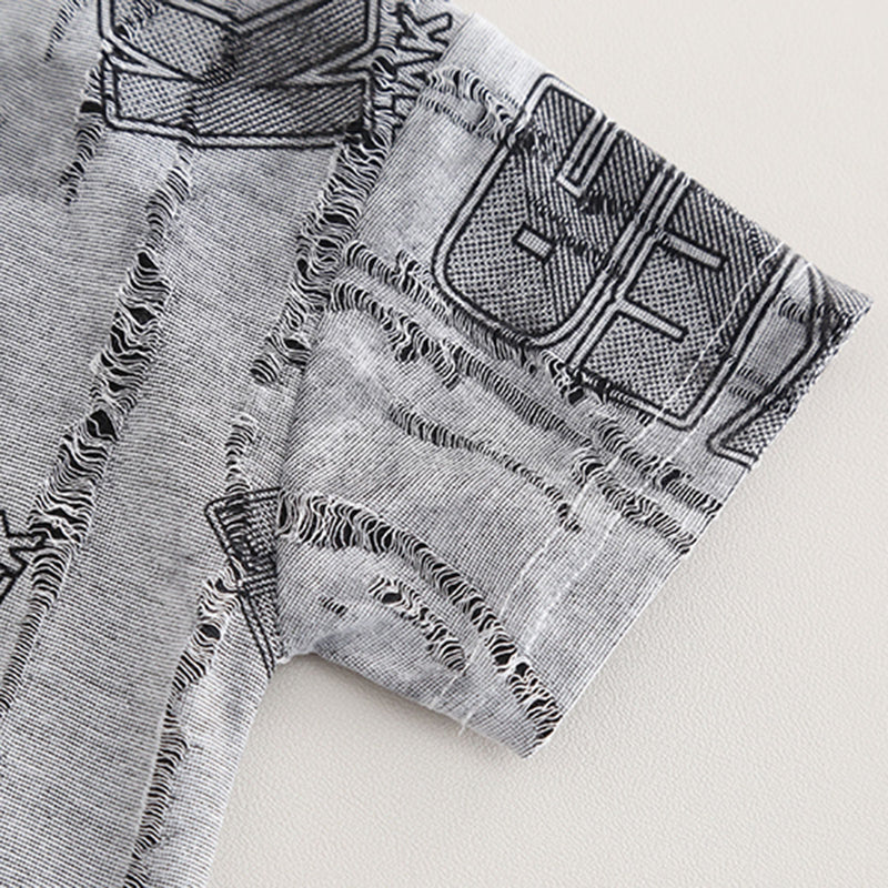 Boys Grey Distressed Printed Short Sleeves T-Shirt With Denim Short Set 2 pc. Sets
