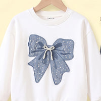 Girls White Bow Applique Long Sleeve Sweatshirt With Denim Pants Sets 2 pc. Sets