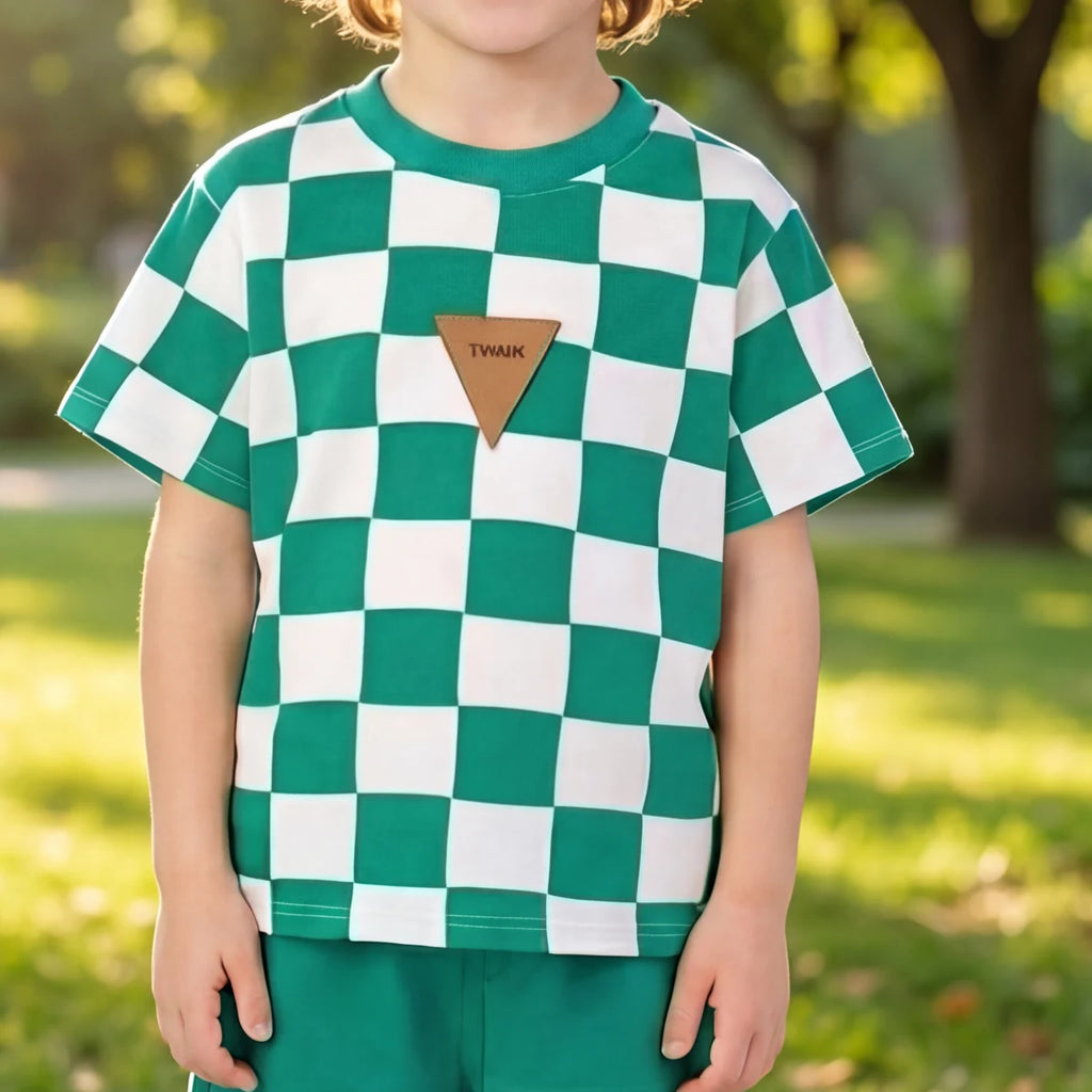 Boys Green Short Sleeve Checked T-Shirt With Shorts Sets 2 pc. Sets