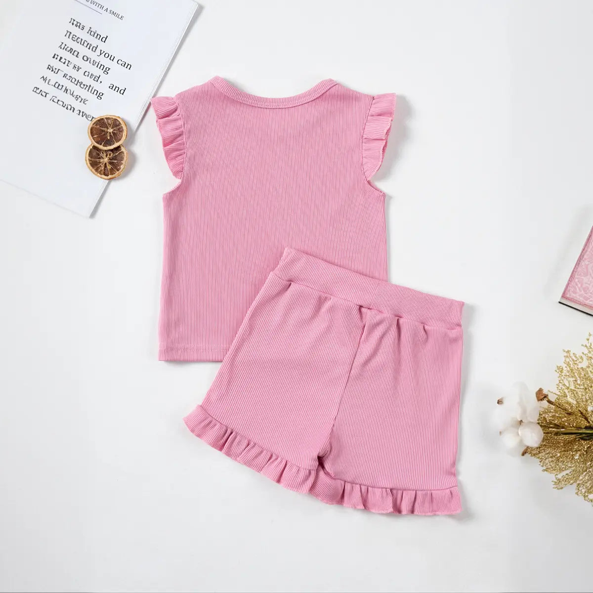 Girls Pink Solid Ribbed Top With Shorts Co-ord Sets Sets