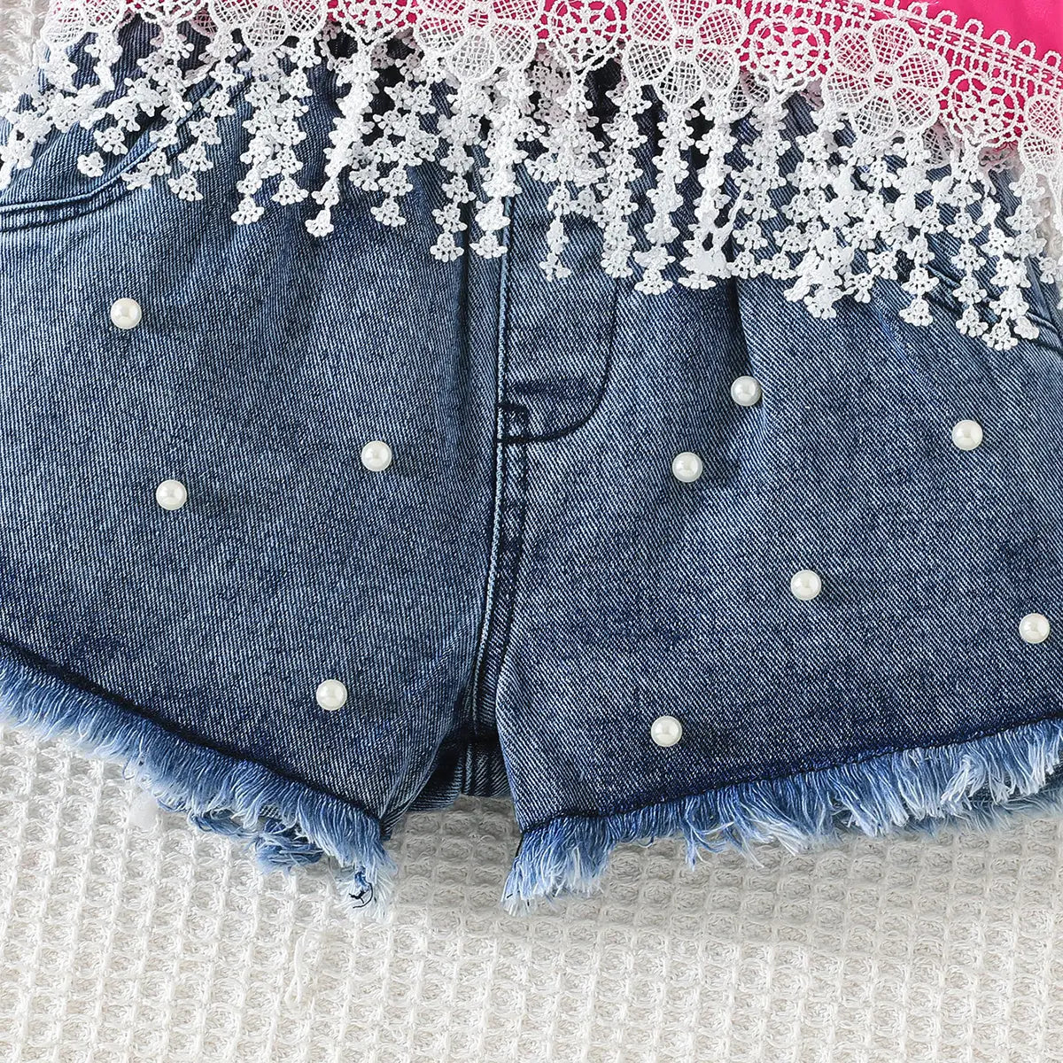 Girls Fuchsia Pearl Bow Lace Top With Denim Shorts Sets Sets
