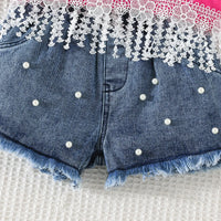 Girls Fuchsia Pearl Bow Lace Top With Denim Shorts Sets Sets