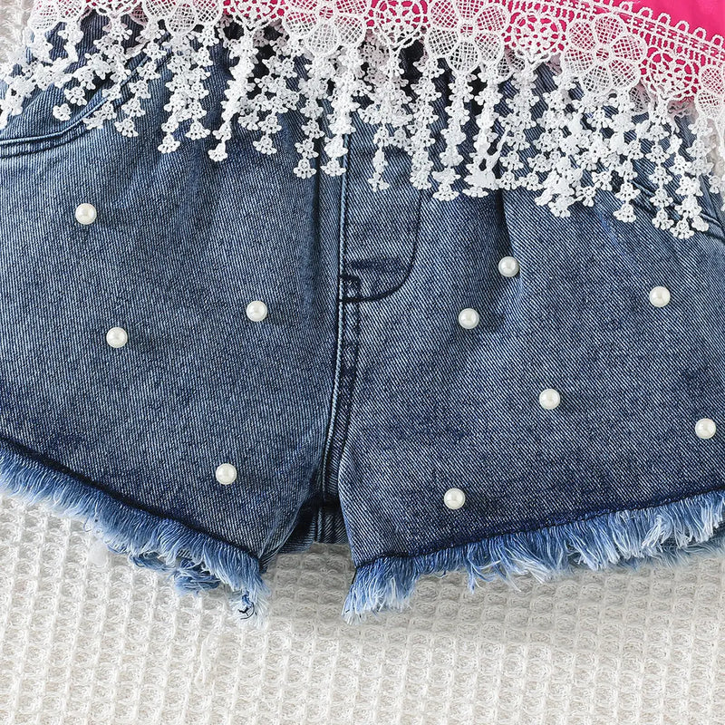 Girls Fuchsia Pearl Bow Lace Top With Denim Shorts Sets Sets