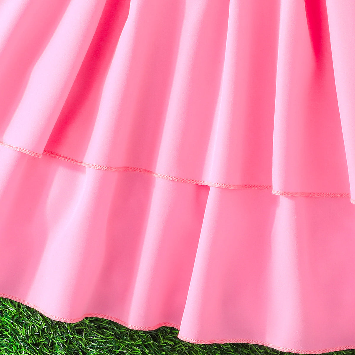 Girls Pink Flowers Applique Cap Sleeves Round Neck Dress Casual Dresses