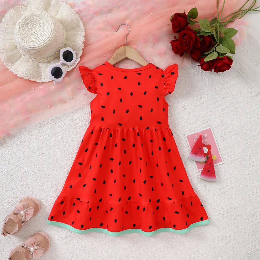 Girls Red Watermelon Print Fit & Flare Dress with Flutter Sleeves Casual Dresses