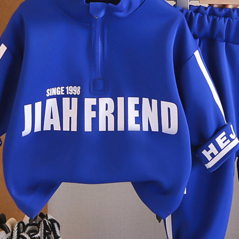 Boys Blue Typographic Printed Sweat Shirt With Joggers Set 2 pc. Sets