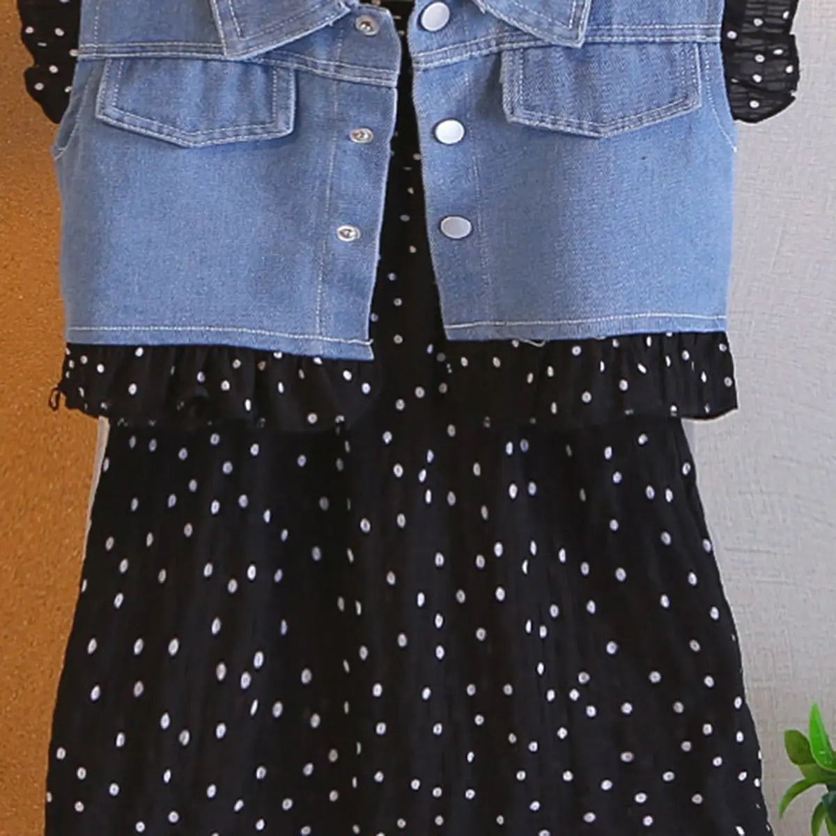 Girls Black Polka Dot Spaghetti Strap A-line Dress with Denim Jacket Casual Dresses
