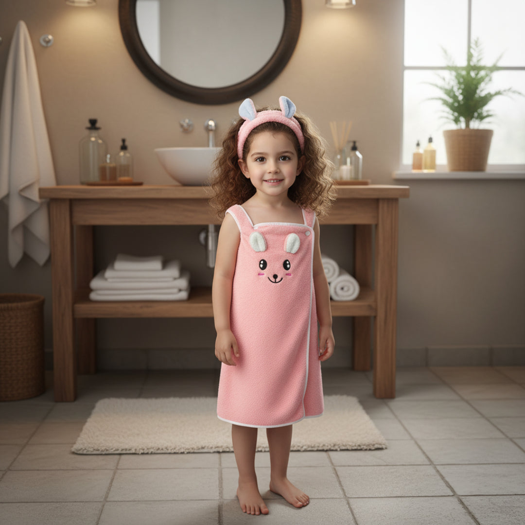 Girls Pink Wearable Bath Towel with Rabbit Embroidery Trending Accessories Pink Onesize